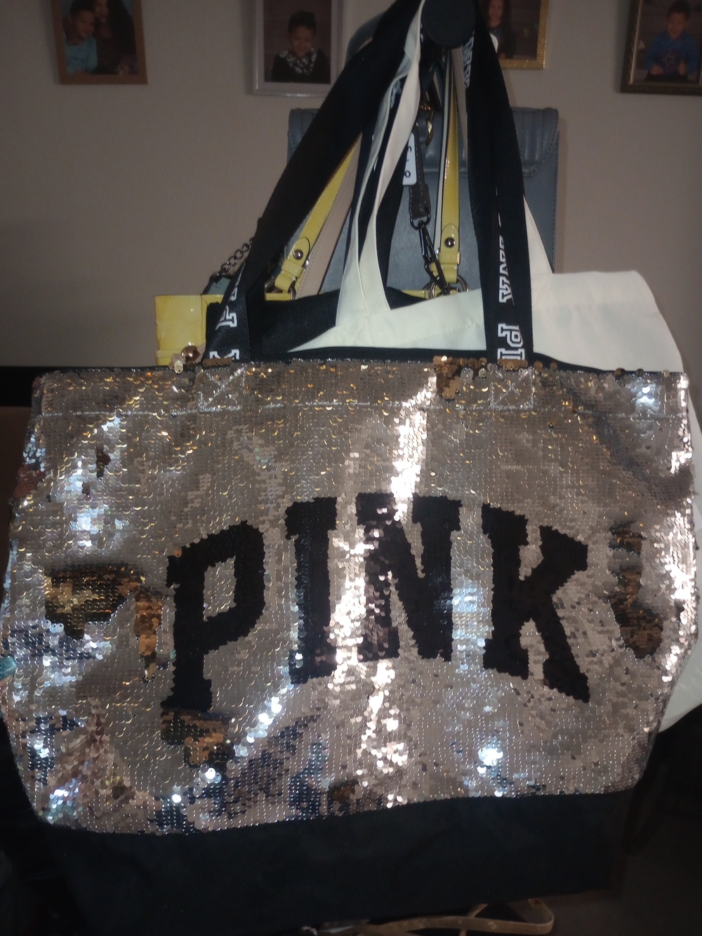 PINK Victoria's Secret Silver Sequin Tote with Black Logo